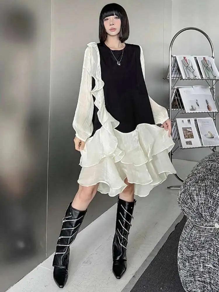Women Black Ruffles Color-block Big Size Knee-Length Dress New Round Neck Long Sleeve Fashion Spring Autumn 2025 1DH7239