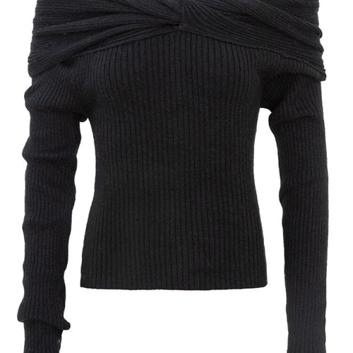 Load image into Gallery viewer, Solid Slimming Twist Front Knitting Sweaters For Women Slash Neck Long Sleeve Cold Shoulder Sweater Female Fashion
