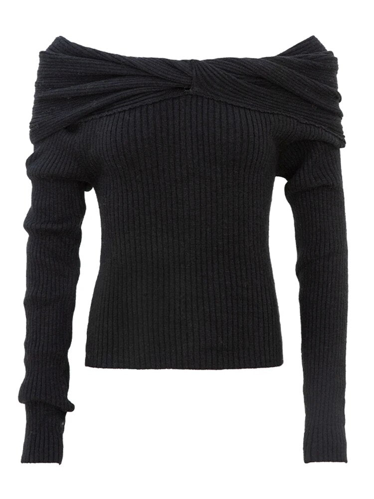 Solid Slimming Twist Front Knitting Sweaters For Women Slash Neck Long Sleeve Cold Shoulder Sweater Female Fashion