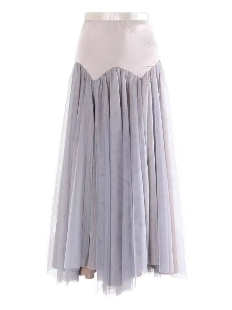 High Waist Gray Mesh Color-block Spliced Elegant A-line Half-body Skirt Women Fashion Tide New Spring Autumn 2025 1DH9838