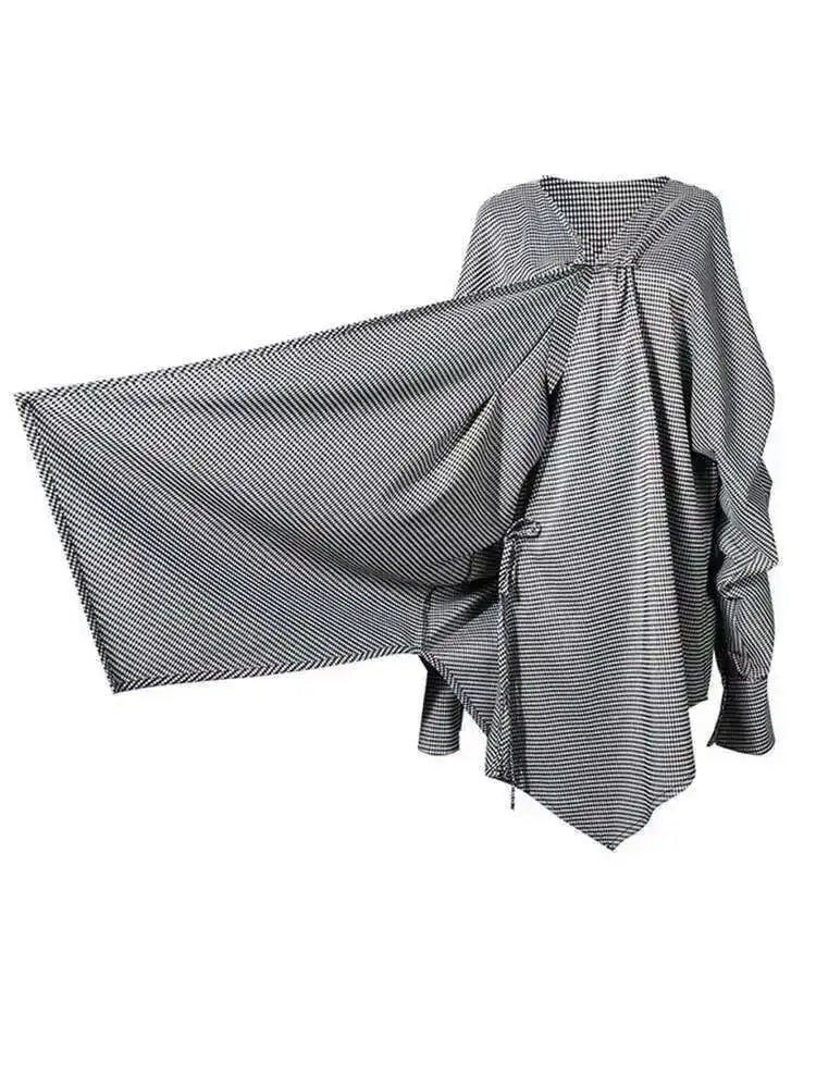 Women Black Plaid Irregular Stitch Big Size Dress New V-Neck Long Sleeve Loose Fit Fashion Tide Spring Autumn 2025 JG892