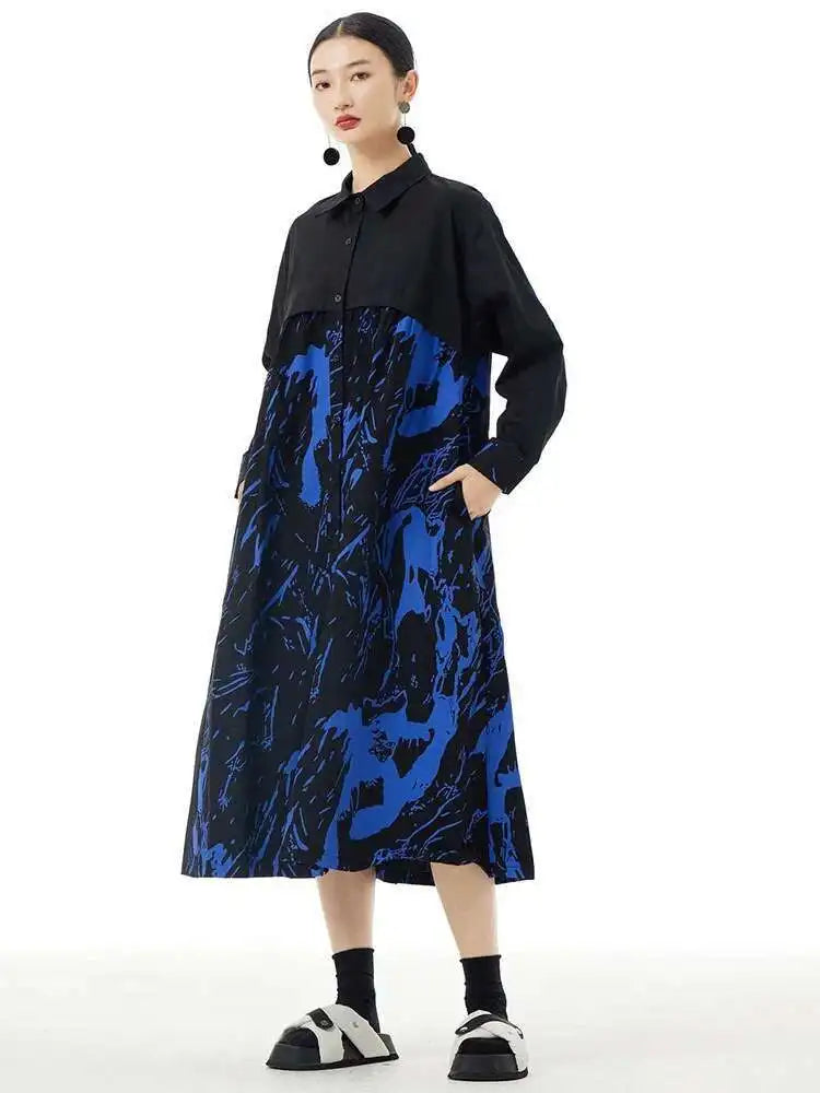 Women White Pattern Printed Big Size Casual Shirt Dress New Lapel Long Sleeve Fashion Tide Spring Autumn 2025 1DH4823