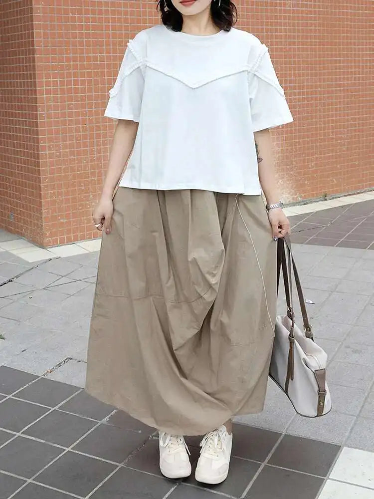 High Elastic Waist Khaki Pleated Irregular A-line Half-body Skirt Women Fashion Tide New Spring Autumn 2025 1DJ0225