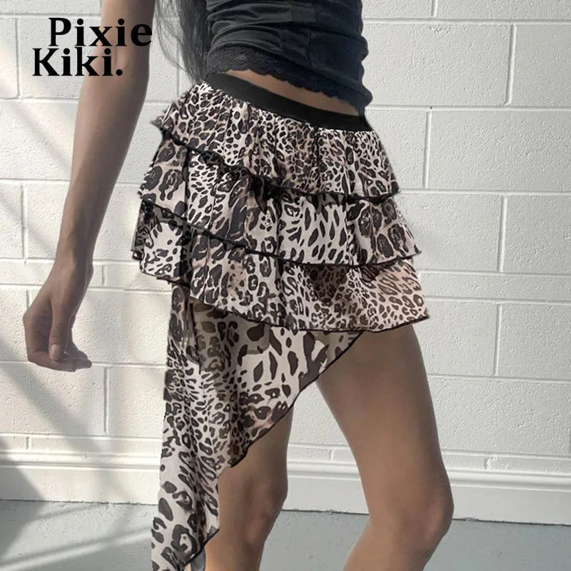 Leopard Print Mesh Irregular Skirt High Waist Ruffled Mini Skirt Women Y2k Fashion Clothes P84-CC20