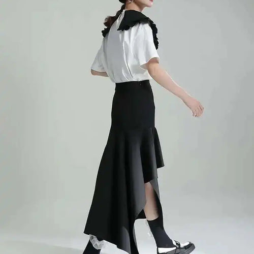 Load image into Gallery viewer, High Waist Irregular Black Ruffles Slit Elegant Party Half-body Skirt Women Fashion Tide New Spring Autumn 2025 1DE7718
