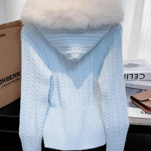 Load image into Gallery viewer, Retro Fashion Women Solid Long Sleeve Knitted Twists Sweater 2024 New Autumn Winter Ladies Hooded Hairy Neck Zipper Cardigan Top
