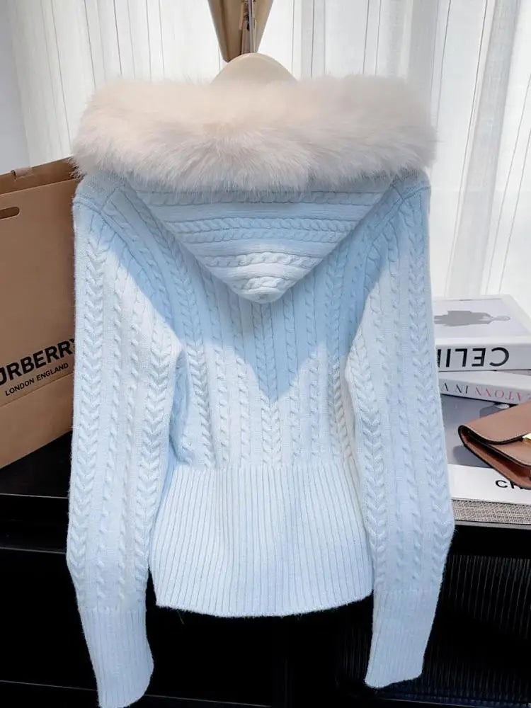 Retro Fashion Women Solid Long Sleeve Knitted Twists Sweater 2024 New Autumn Winter Ladies Hooded Hairy Neck Zipper Cardigan Top