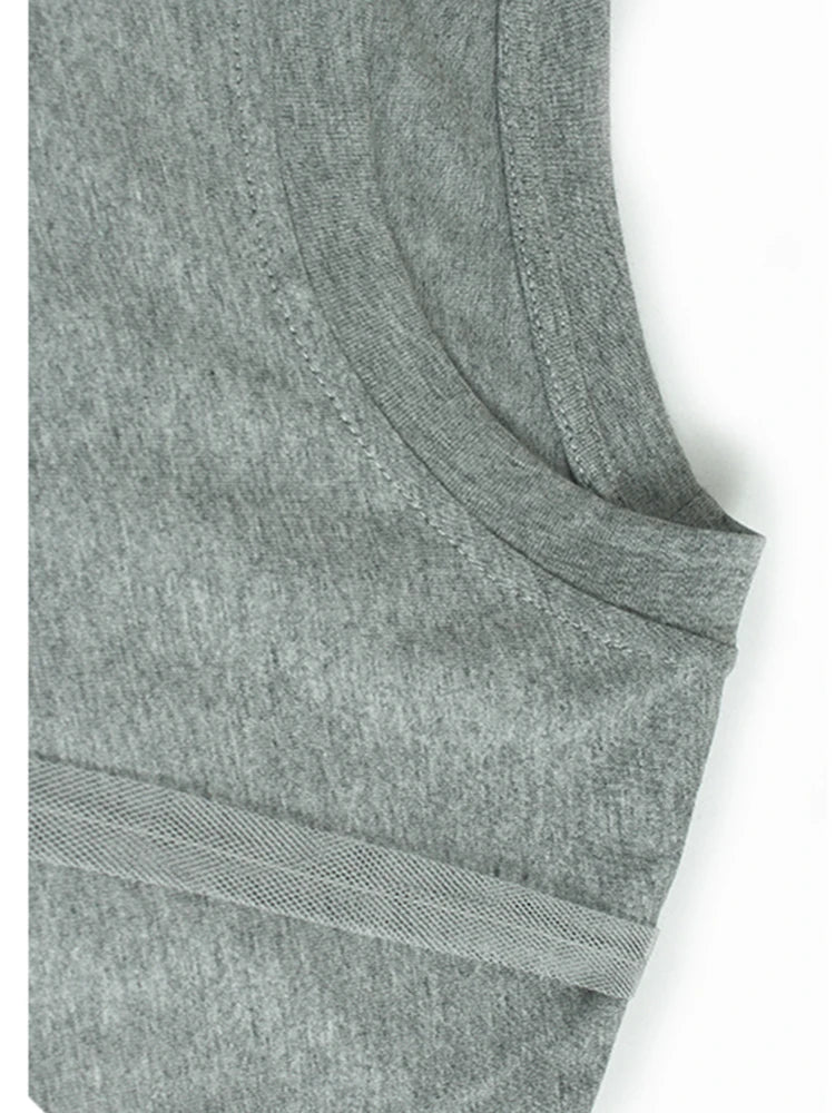 Women Gray Mesh Spliced Big Size Casual Midi Dress New Round Neck Short Sleeve Fashion Tide Spring Summer 2025 1DH9817