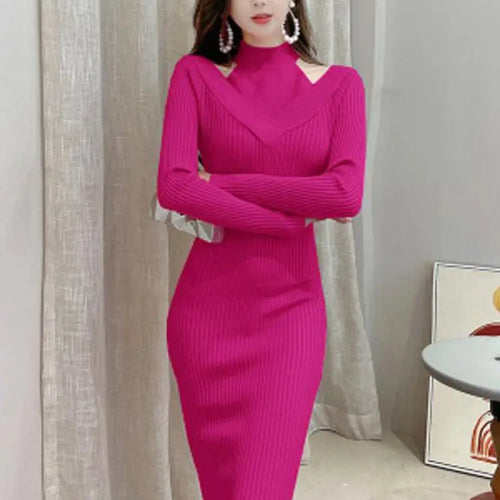 Load image into Gallery viewer, French Women Solid Elegant Festival Hollow Out Knit Dress Autumn Long Sleeve Slim Ladies Fashion Wrap Hip Dresses Clothing Trend
