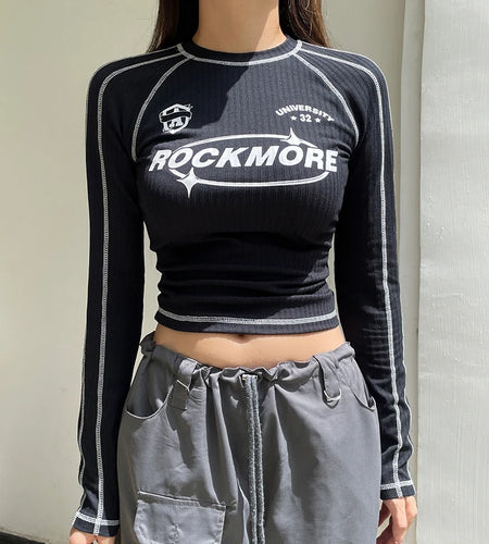 Streetwear Knitted Bodycon Letter Printed Autumn Tee Women Stripe Stitch Long Sleeve T-shirt Top Moto&Biker Style