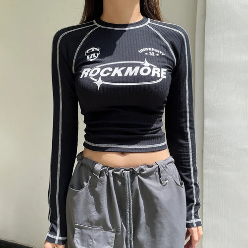 Load image into Gallery viewer, Streetwear Knitted Bodycon Letter Printed Autumn Tee Women Stripe Stitch Long Sleeve T-shirt Top Moto&amp;Biker Style
