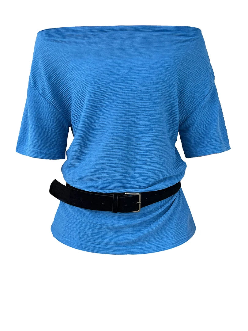 Women Blue Brief Belted Elegant Casual T-shirt New Slash Neck Short Sleeve Fashion Tide Spring Summer 2025 1DJ1475
