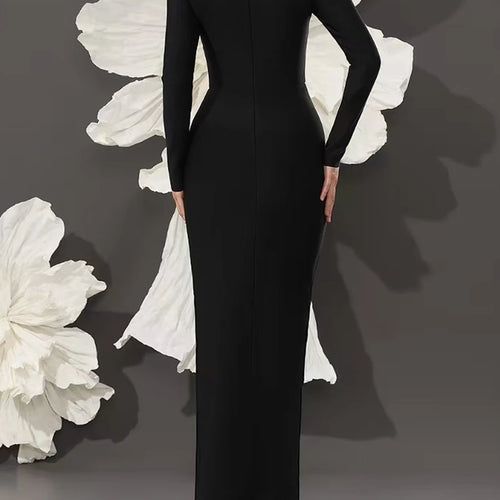 Load image into Gallery viewer, Solid Spliced Diamonds Slimming Dresses For Women O Neck Long Sleeve High Waist Temperament Split Dress Female New
