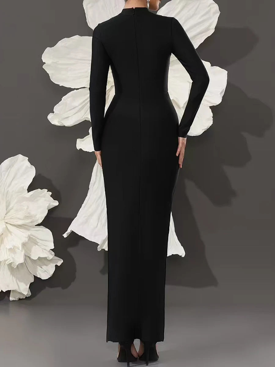 Solid Spliced Diamonds Slimming Dresses For Women O Neck Long Sleeve High Waist Temperament Split Dress Female New