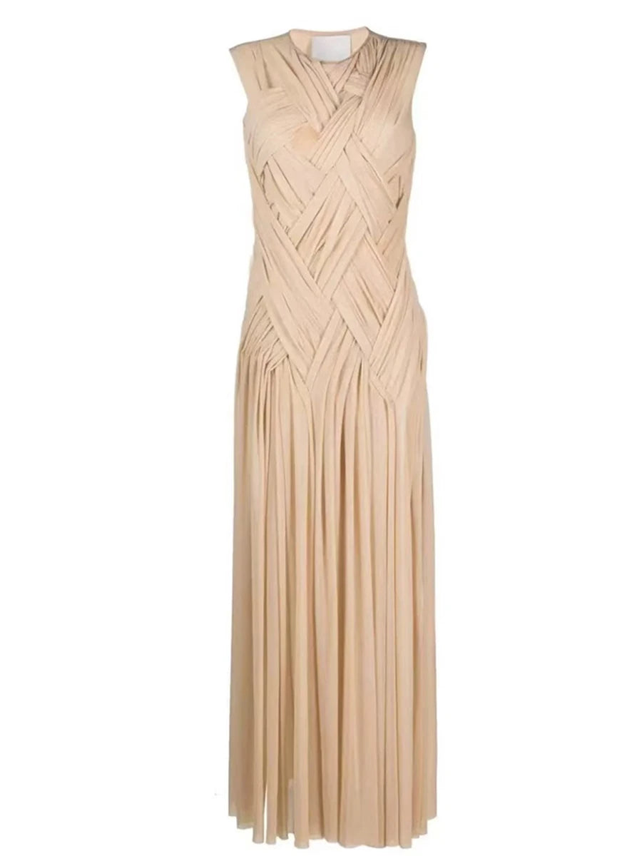 Slimming Sheer Spliced Shirring Fashion Dresses for Women Round Neck Sleeveless Split Elegant Dress Female Clothing