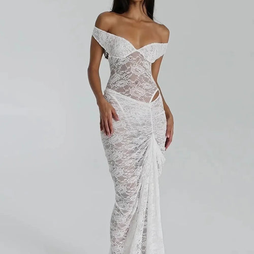 Load image into Gallery viewer, Sexy Lace Deep V Sleeveless Slim Dress Women Perspective Tight Split Backless Charming Long Dress Party Holiday Beach
