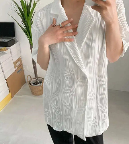 Women White Pleated Elegant Big Size Blouse New Lapel Short Sleeve Loose Fit Shirt Fashion Tide Spring Summer 2025 1DF0381