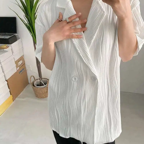 Load image into Gallery viewer, Women White Pleated Elegant Big Size Blouse New Lapel Short Sleeve Loose Fit Shirt Fashion Tide Spring Summer 2025 1DF0381
