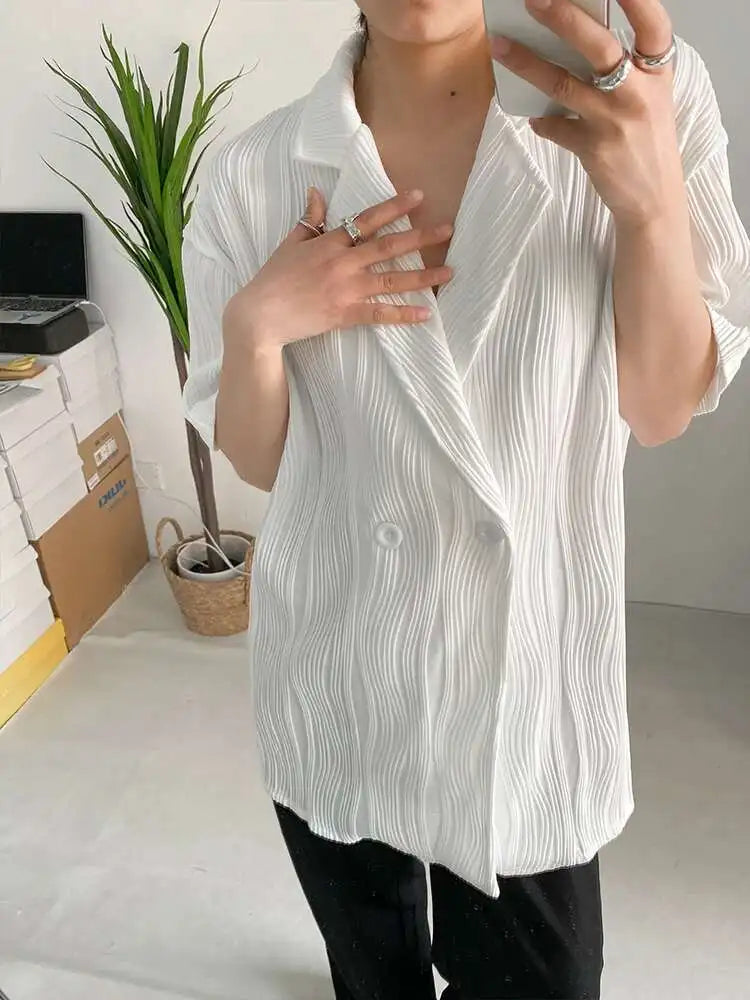 Women White Pleated Elegant Big Size Blouse New Lapel Short Sleeve Loose Fit Shirt Fashion Tide Spring Summer 2025 1DF0381