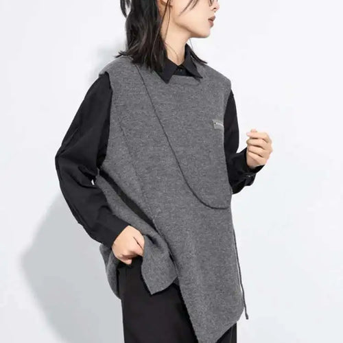 Load image into Gallery viewer, Gray Irregular Slit Big Size Knitting Sweater Round Neck Sleeveless Women Pullovers New Fashion Spring Autumn 2025 1DH7484

