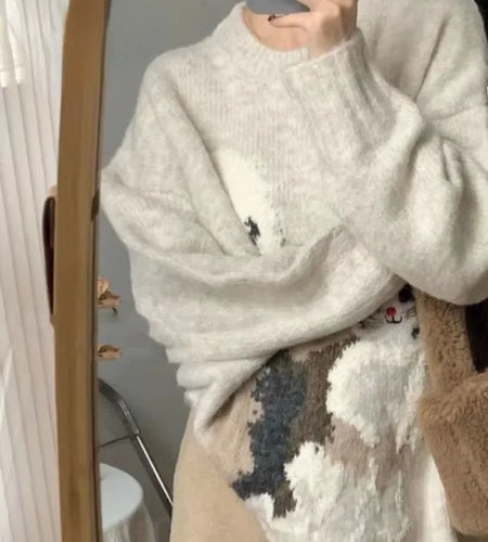 Sweet Y2k Aesthetic Grunge Cat Jacquard Sweaters Oversized Casual Japanese Jumpers Fashion All Match Knitted Women Pullovers