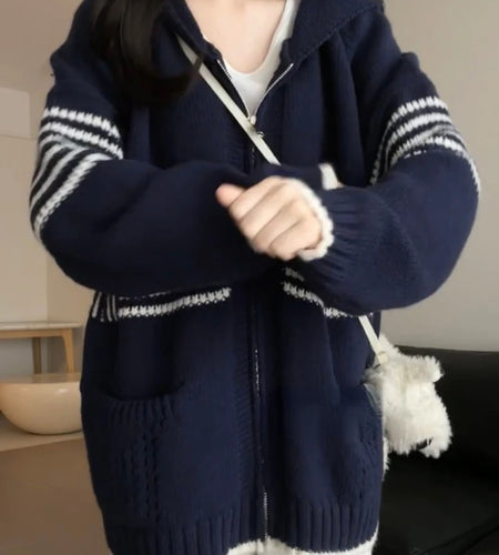 Autumn Y2k Aesthetic Stripe Hoodes Cardigans Women Casual Zipper Vintage Knitwear Harajuku Ladies Loose Grunge Pocket Sweater