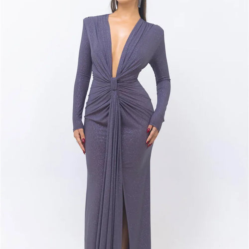 Load image into Gallery viewer, Glitter Deep V Neck Sexy Maxi Dress For Women Elegant Sparkle Long Sleeve Ruched Bodycon Split Club Party Sexy Dress
