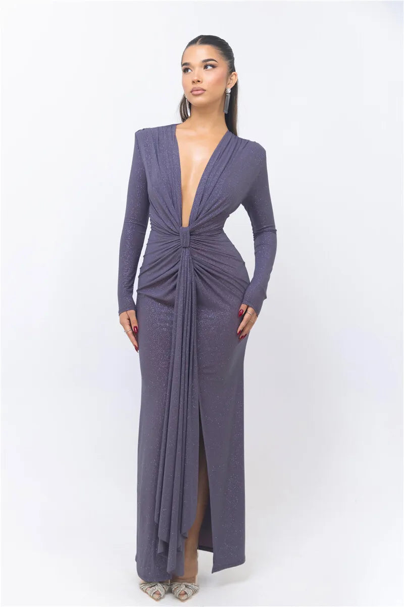 Glitter Deep V Neck Sexy Maxi Dress For Women Elegant Sparkle Long Sleeve Ruched Bodycon Split Club Party Sexy Dress