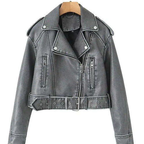 Load image into Gallery viewer, Gray Big Size Casual Short PU Leather Jacket New Lapel Long Sleeve Women Coat Fashion Tide Spring Autumn 2025 1DH8478
