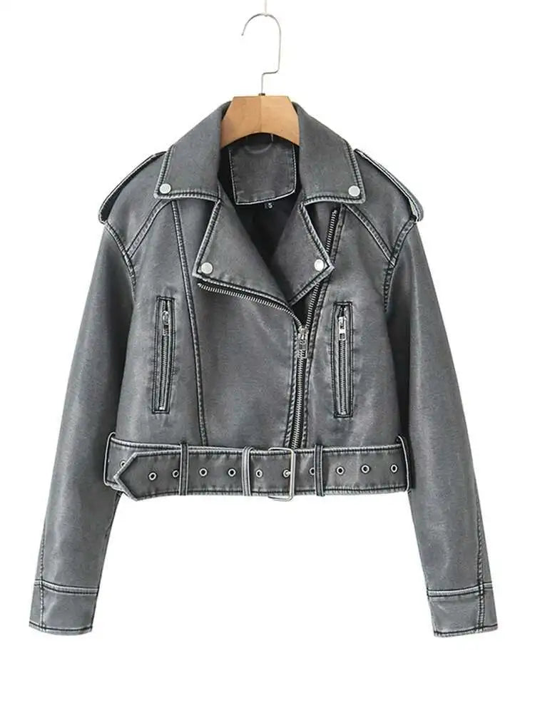 Gray Big Size Casual Short PU Leather Jacket New Lapel Long Sleeve Women Coat Fashion Tide Spring Autumn 2025 1DH8478