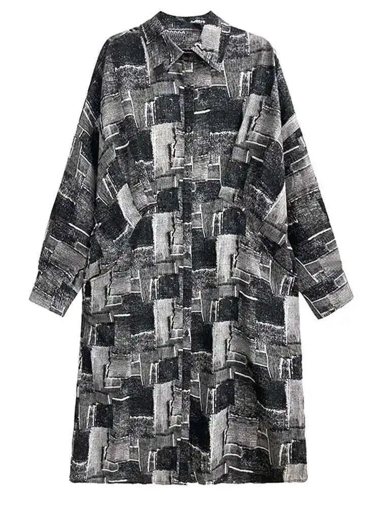 Women Black Pattern Printed Pocket Big Size Midi Shirt Dress New Lapel Long Sleeve Fashion Tide Spring Autumn 2025 1DH4102