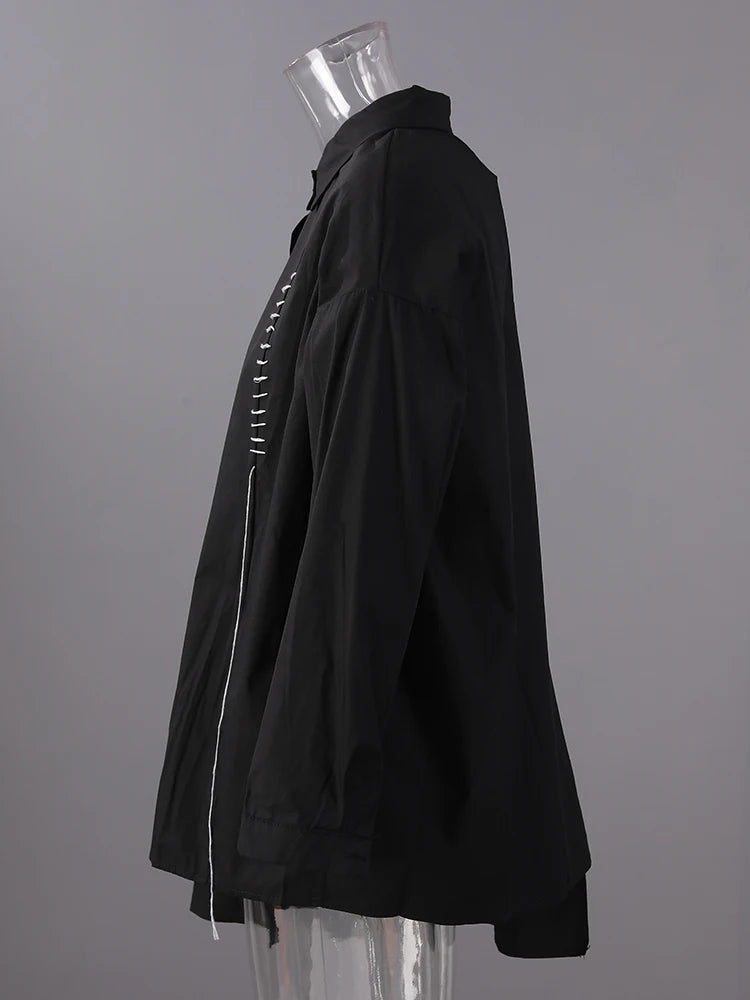 Women Black Topstitched Irregular Big Size Blouse New Lapel Long Sleeve Shirt Fashion Tide Spring Autumn 2025 30A2056