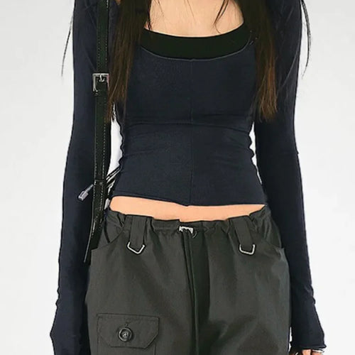 Load image into Gallery viewer, 2025 Autumn New Slim Two Pieces Set Women Grunge Solid Streetwear Tops + Sleeveless All Match Black Vest Y2k Aesthetic Fashion
