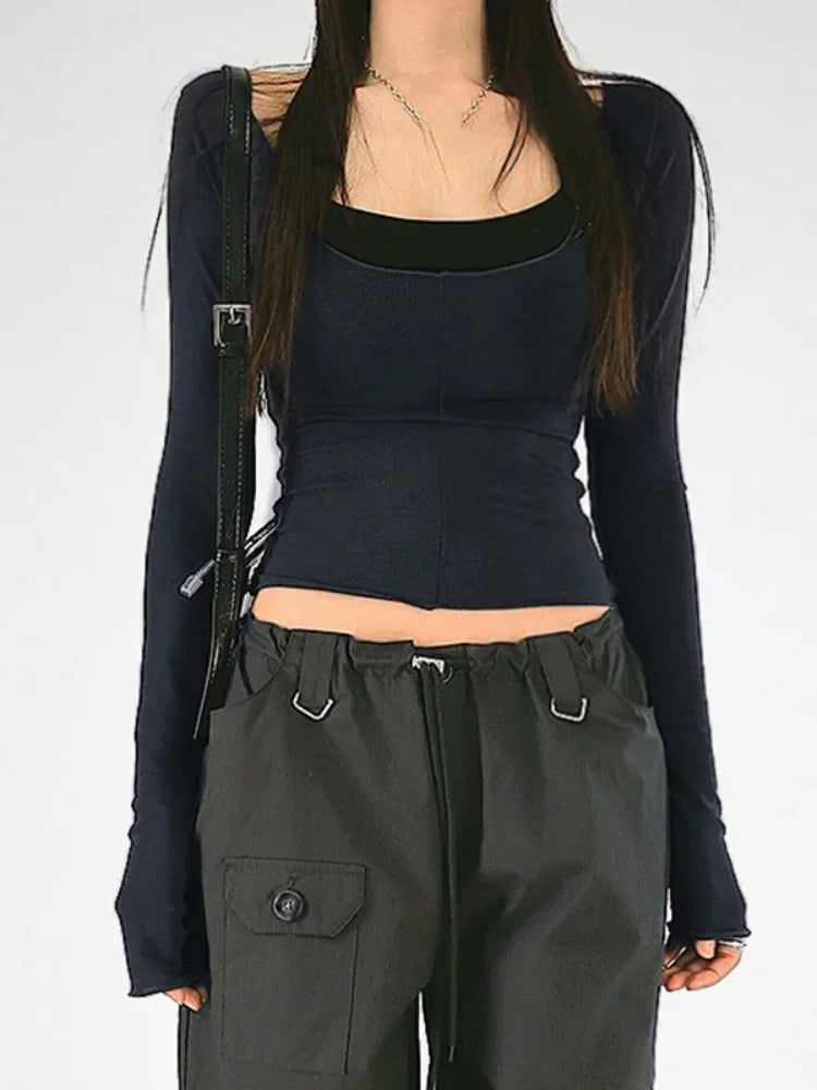 2025 Autumn New Slim Two Pieces Set Women Grunge Solid Streetwear Tops + Sleeveless All Match Black Vest Y2k Aesthetic Fashion