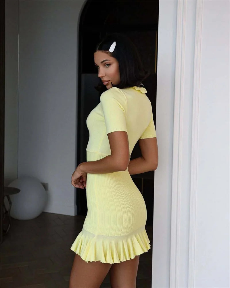 Summer Short Sleeve Ruffle Mini Dress Women Sweater Pullover Elegant Fashion Hollow Out Ribbed Slim High Waist Dress