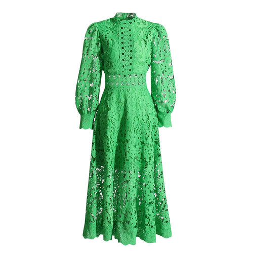 Load image into Gallery viewer, Green Dress For Women Stand Collar Long Sleeve High Waist Cut Out Solid Midi Dresses Female Autumn Clothes
