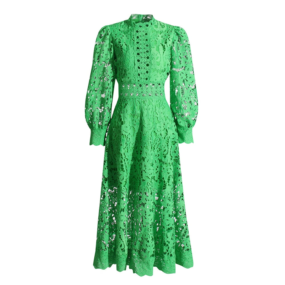 Green Dress For Women Stand Collar Long Sleeve High Waist Cut Out Solid Midi Dresses Female Autumn Clothes