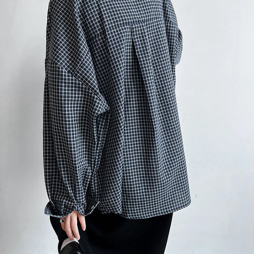 Load image into Gallery viewer, Women Black Plaid Pocket Vintage Big Size Casual Blouse New Lapel Long Sleeve Shirt Fashion Spring Autumn 2025 1DJ1048
