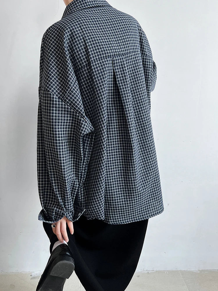 Women Black Plaid Pocket Vintage Big Size Casual Blouse New Lapel Long Sleeve Shirt Fashion Spring Autumn 2025 1DJ1048