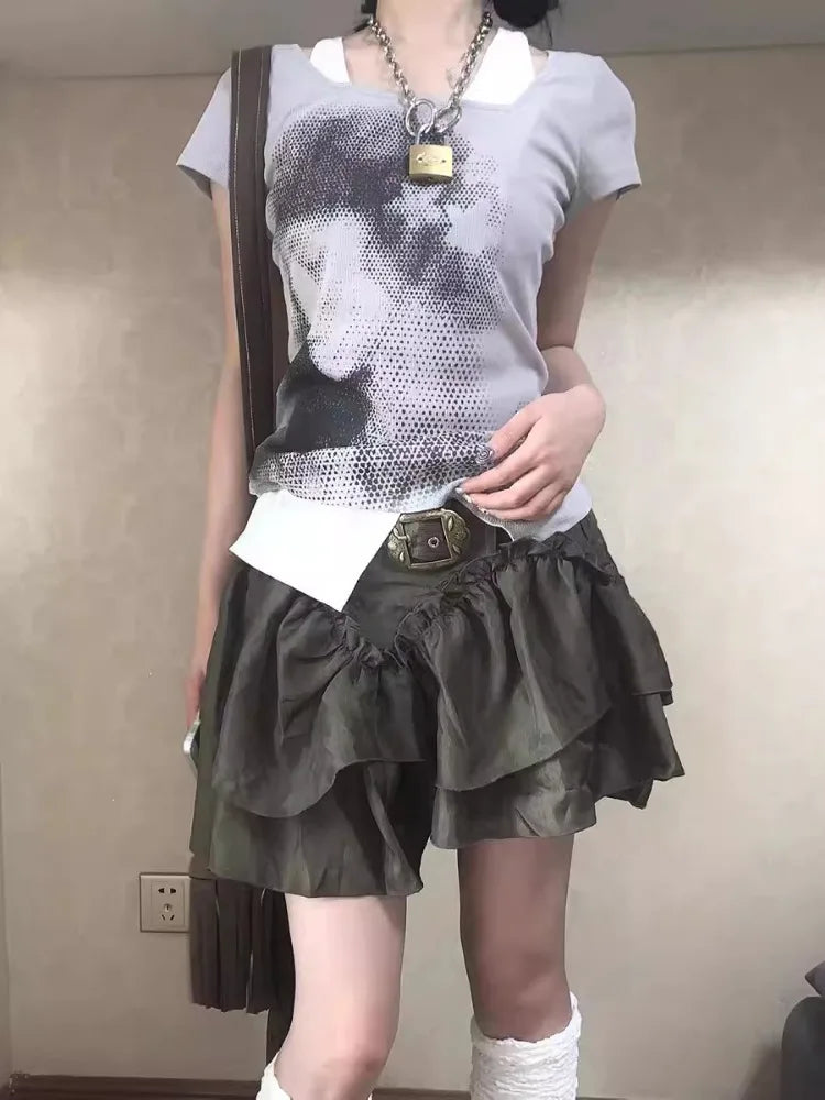 Summer T Shirts Women Clothing Patchwork Short Sleeve Tees Fake Two Korean Camisetas Y2k Tops Casual Chic Off Shoulder T-shirt