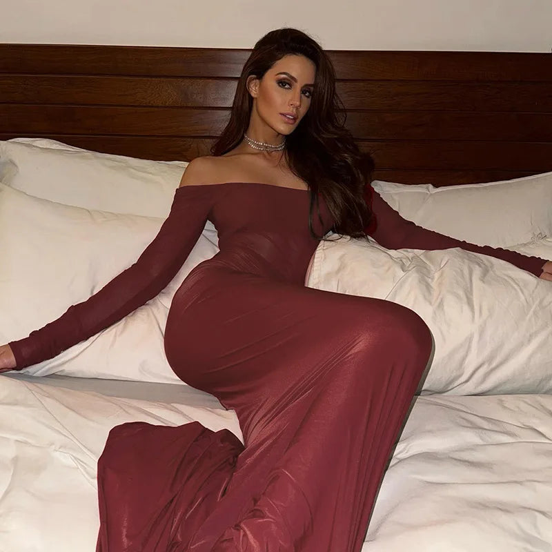 See Through Mesh Sexy Maxi Dress For Women Fashion Square Collar Long Sleeve Ruched Bodycon Club Party Long Dress