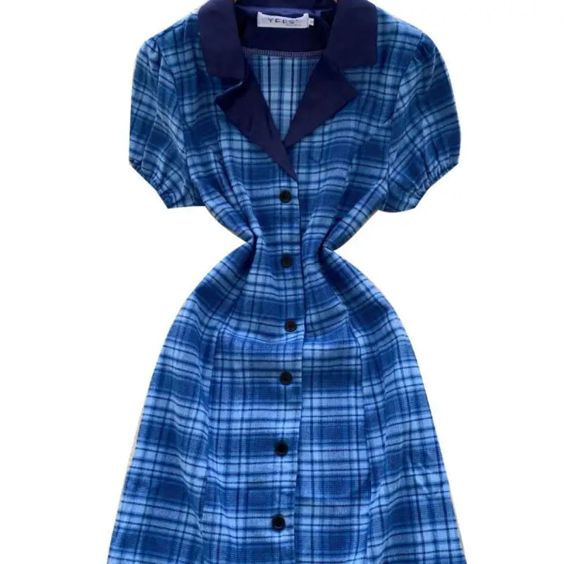 Summer College Style Retro Blue Plaid Festival Short Sleeved Dress Women's Elegant Single Breasted Slim Short Dress Popular Chic