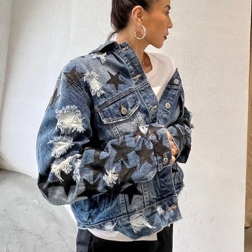 Load image into Gallery viewer, Denim Patchwork Strar Jacket For Women Lapel Long Sleeve Single Breasted Streetwear Jackets Female Fashion Clothing
