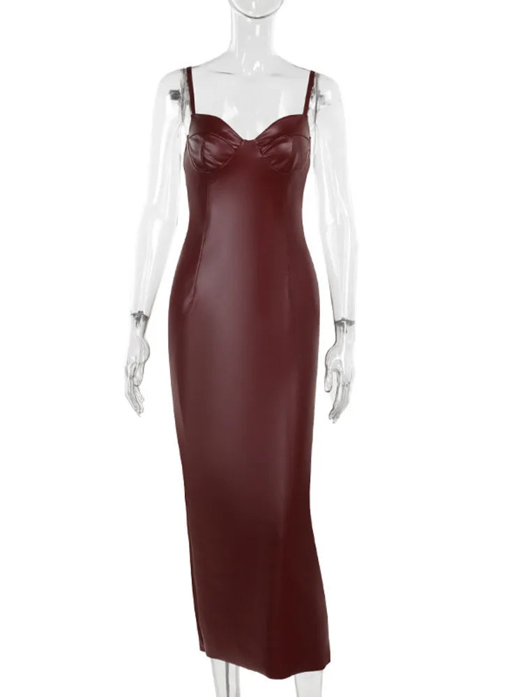 Spaghetti Strap PU Leather Sexy Maxi Dress For Women Fashion Halter Sleeveless Backless Slim Fit Sexy Long Dress New