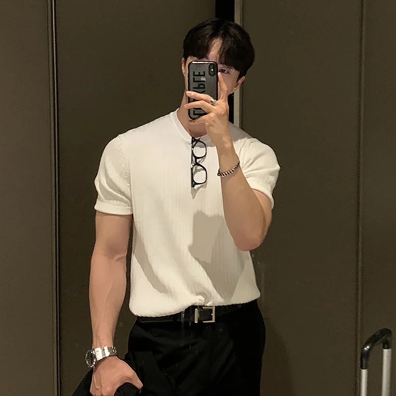 Men's T-shirts New Summer Short Sleeved Knitted Trendy Korean Style Round Neck Solid Color Pullover Male Clothing 9W1822