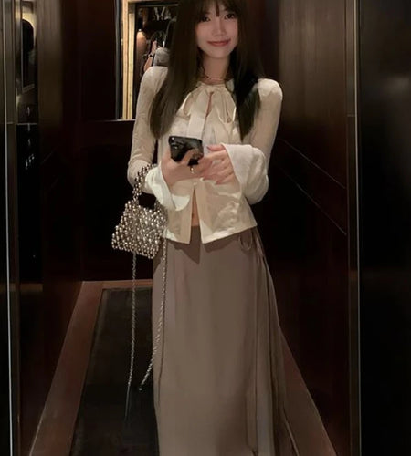 Korean Sexy Lace Blouse Women V Neck Bandage Slim Harajuku Tops Y2k Aesthetic Flare Sleeve Grunge Blusas Streetwear De Mujer