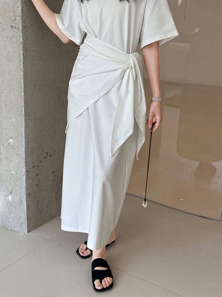 Women White Bandage Irregular Big Size Midi Dress New Round Neck Short Sleeve Fashion Tide Spring Summer 2025 1DJ1263