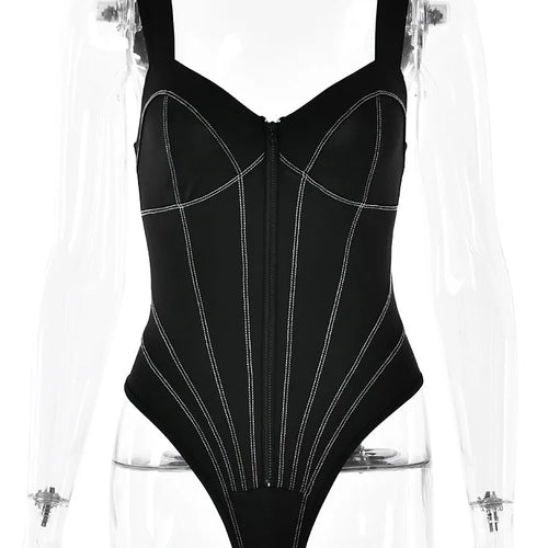 Load image into Gallery viewer, Sexy Spaghetti Strap Fishbone Elastic Tight Women Bodysuit Slim Zipper Female Jumpsuit Fashion Vacation Outdoor Rompers
