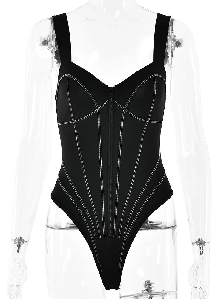 Sexy Spaghetti Strap Fishbone Elastic Tight Women Bodysuit Slim Zipper Female Jumpsuit Fashion Vacation Outdoor Rompers