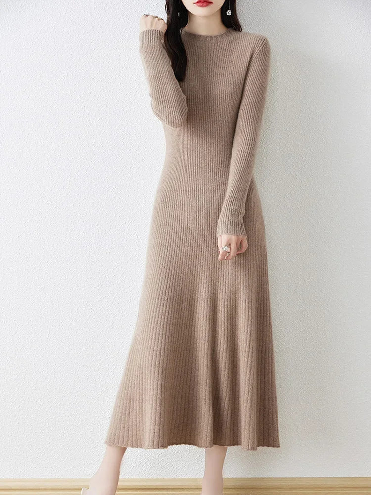 Winter/ Autumn Oneck Female Dresses 100% Wool Knitted Dress For Women 2024 New Arrival  Long Style 6Colors Jumpers